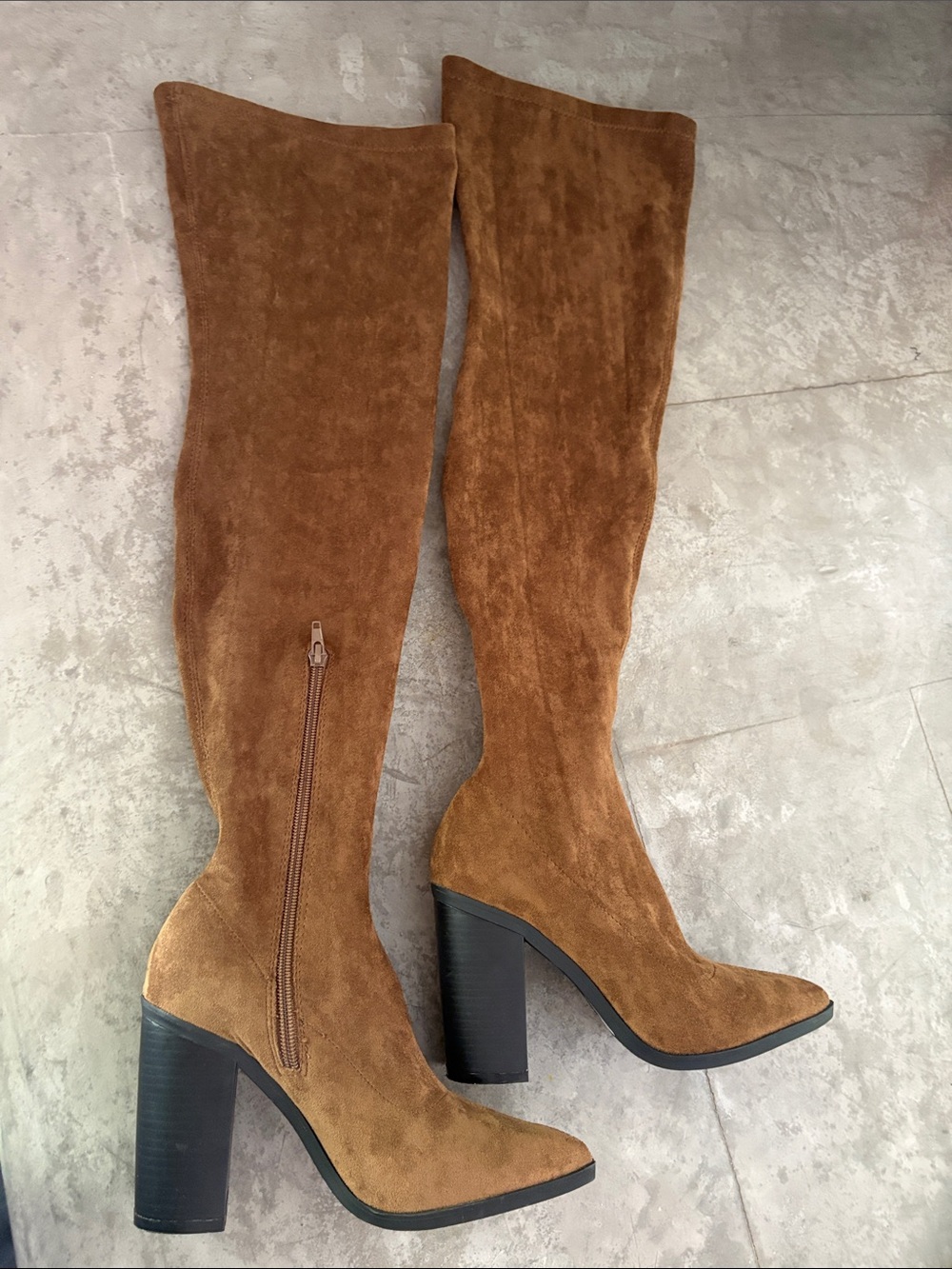 So Me Brown Slouchy Over-the-Knee Suede Pointed-Toe Heeled Boots